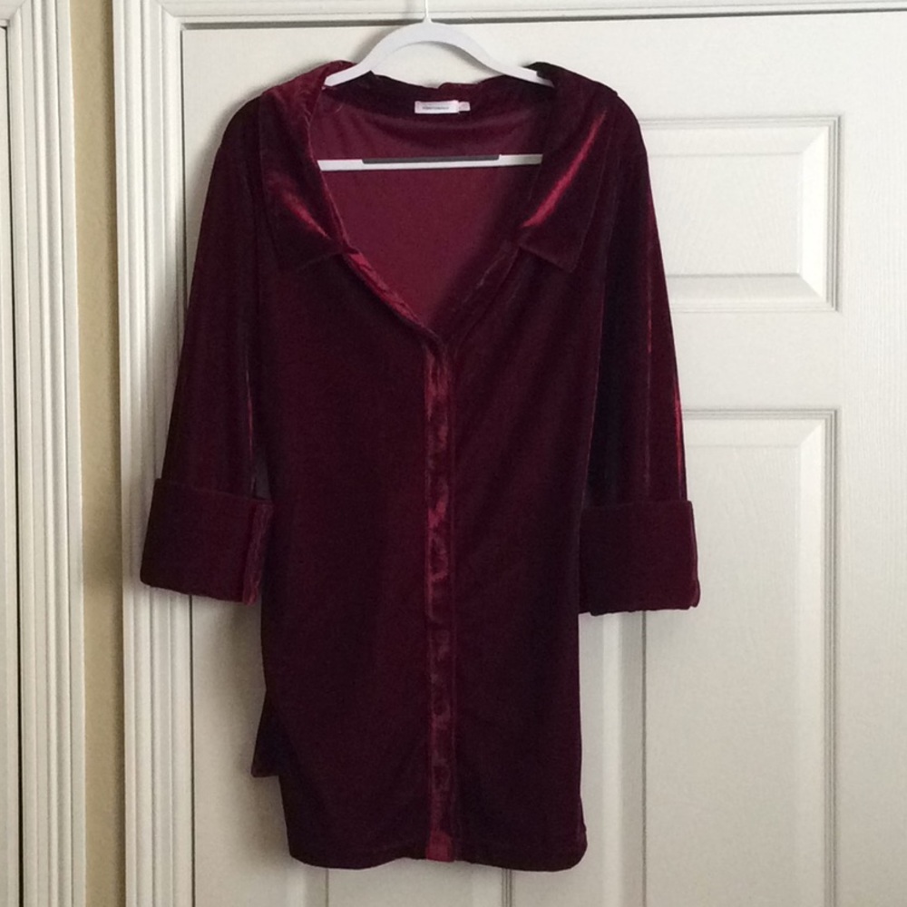 Burgundy velveteen button front tunic